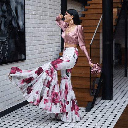 Floral Pallazo Pant with Rose Pink Satin Top (AOB-05)