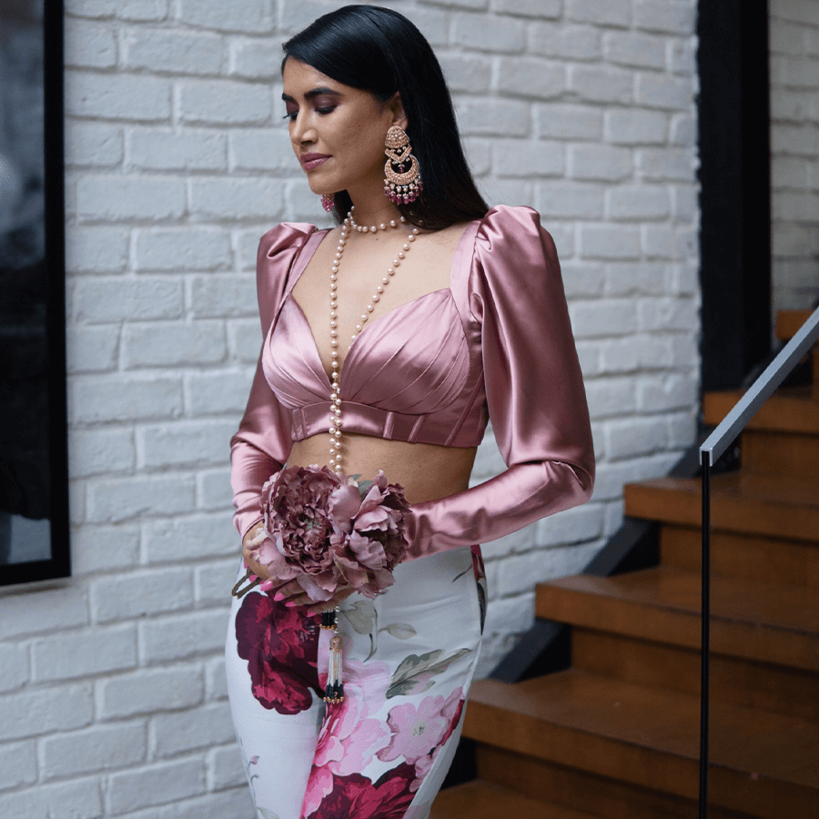 Floral Pallazo Pant with Rose Pink Satin Top (AOB-05)