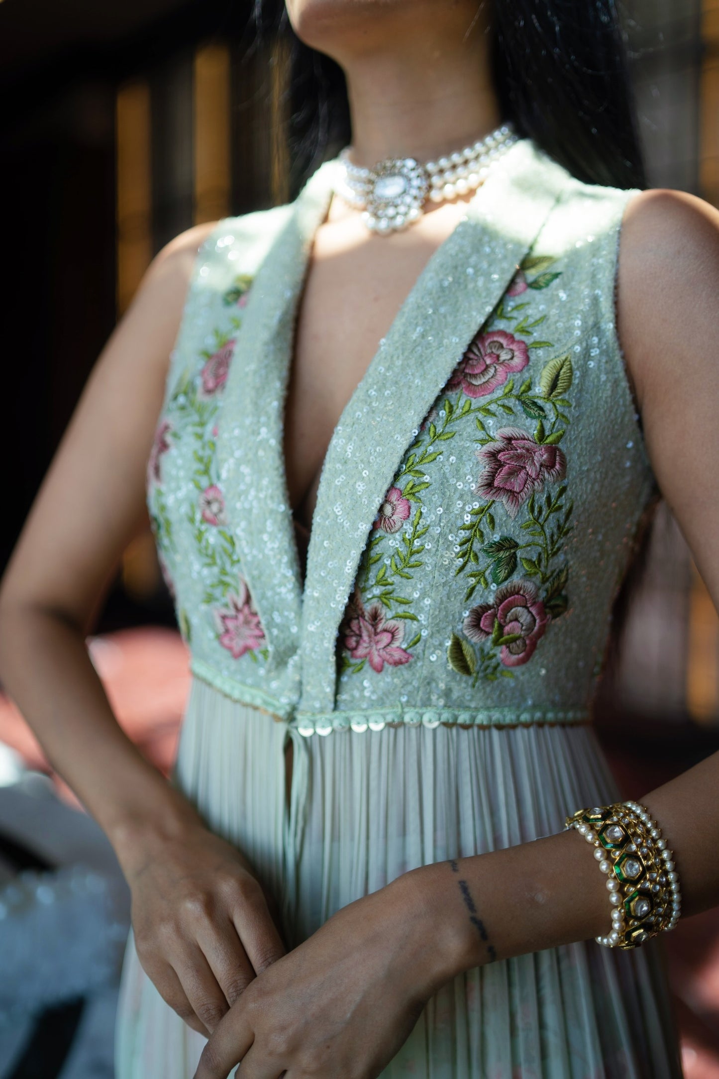 Sequins Embriodery Pista Green Jacket with Pallazo