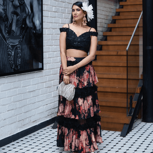 Black Embroidered Blouse with Floral Skirt (BIS-789)