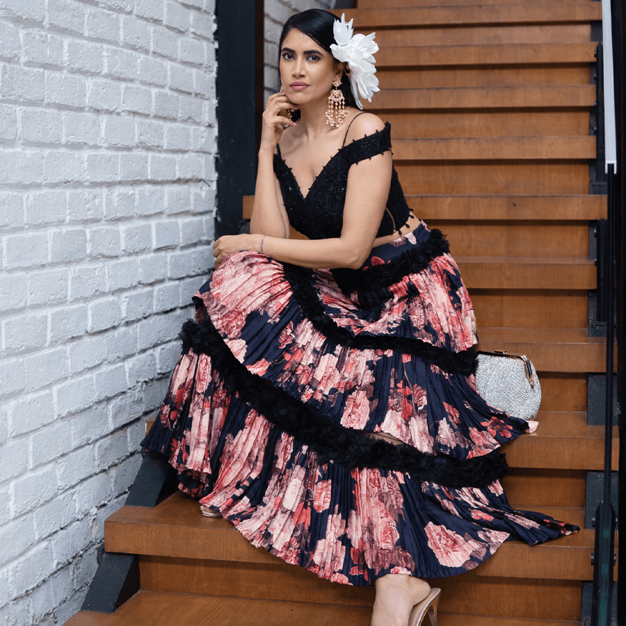 Black Embroidered Blouse with Floral Skirt (BIS-789)