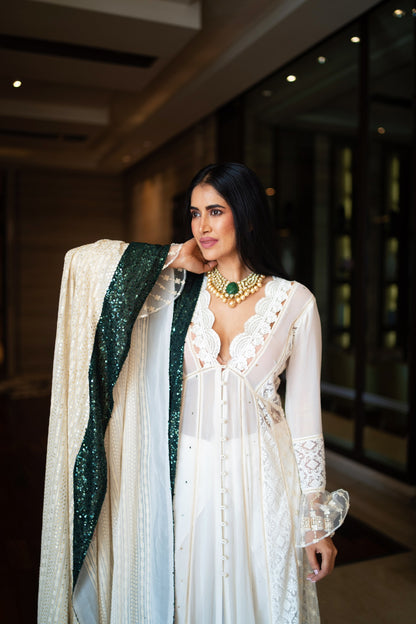 White Kali Kurta with Embriodered Georgette Dupatta