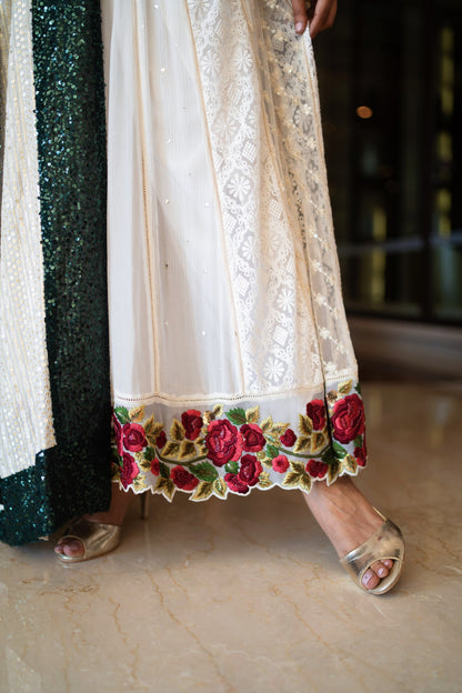 White Kali Kurta with Embriodered Georgette Dupatta