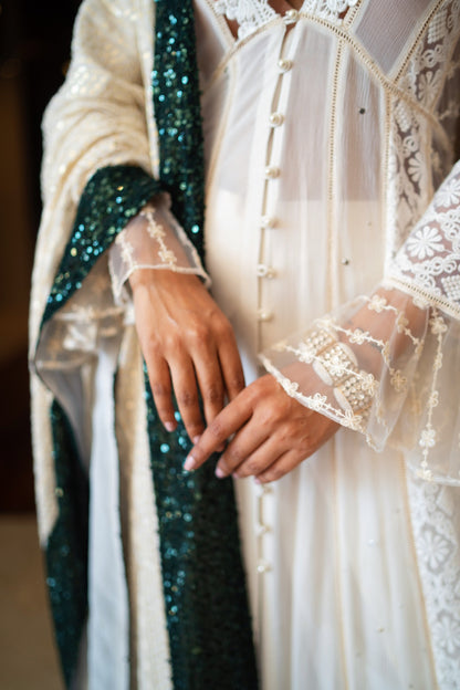 White Kali Kurta with Embriodered Georgette Dupatta