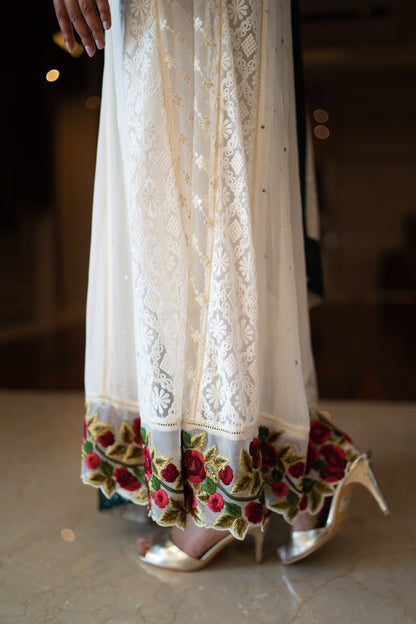 White Kali Kurta with Embriodered Georgette Dupatta